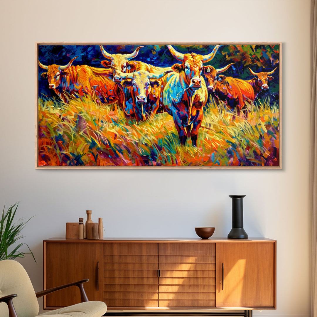 Beautiful Herd of Cattle in Colorful Style, Living Room Art, Framed Canvas Print, Bedroom Decor, Home Decoration, Artistic Farmhouse Decor