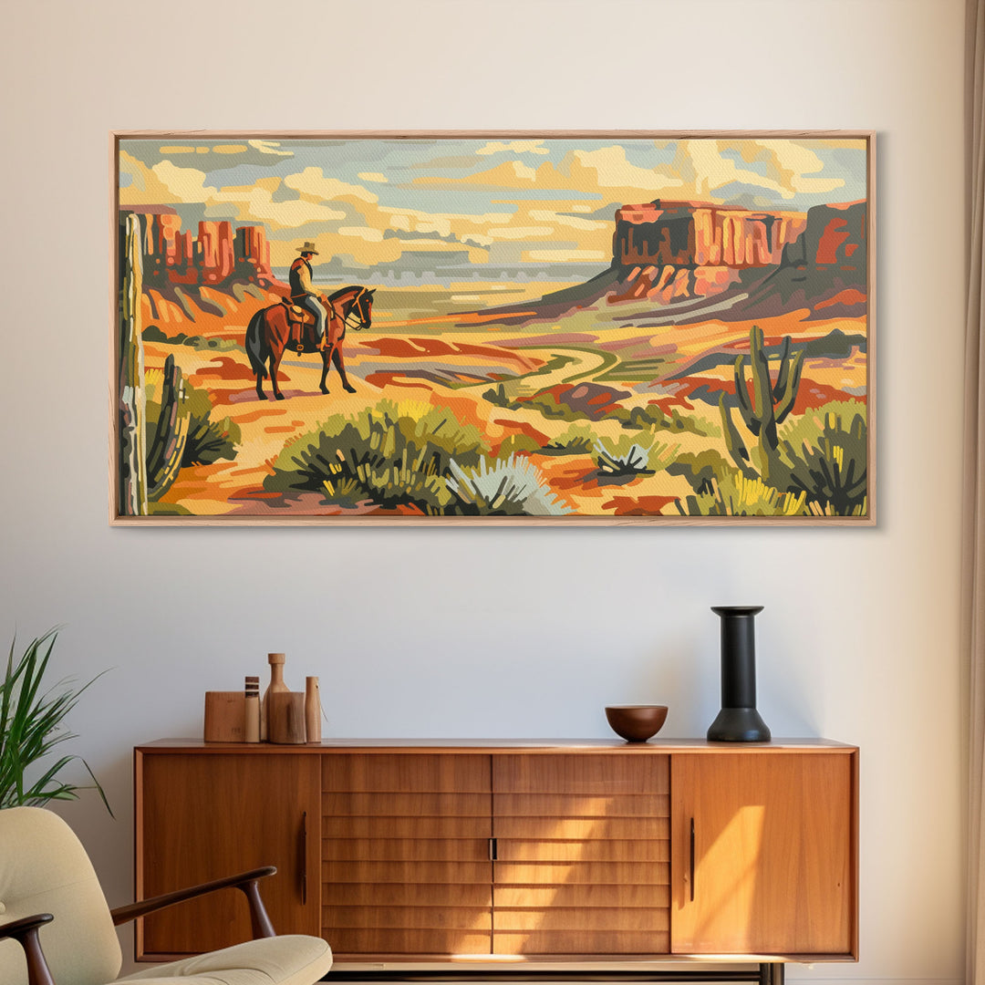 Cowboy Overlooking Desert Canyon, Framed Canvas Print for Rustic Living Room Decor, Western Wall Art, Home and Bedroom Decoration