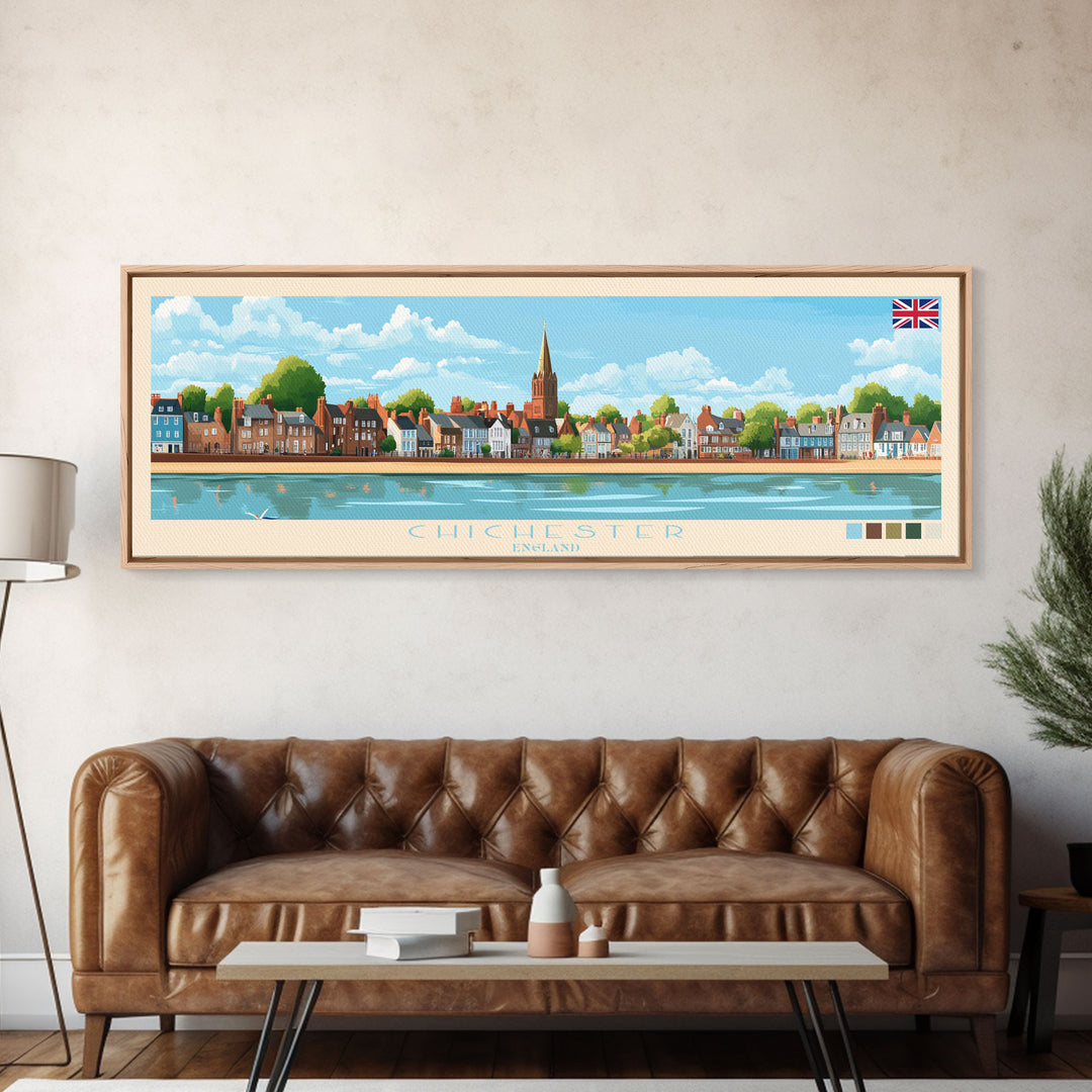 Chichester, England Panoramic Travel Poster Canvas Print, Chichester, England Painting, England Art, Chichester Panoramic Travel Art, Travel Painting