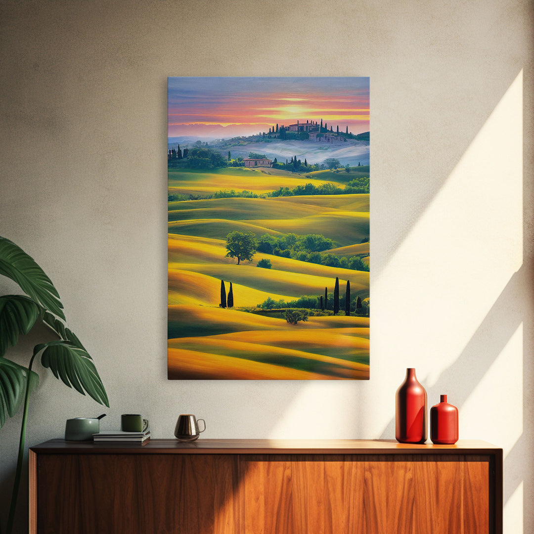 Italian Countryside at Sunset, Italy Art, Framed Canvas Print, Ready To Hang Framed Wall Art, Living Room Wall Hanging