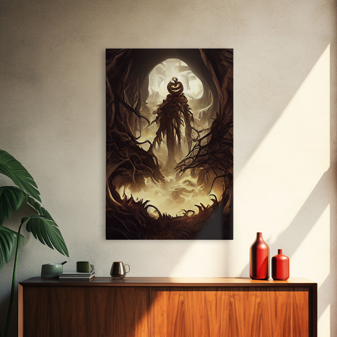 Haunted Scarecrow, Spooky Halloween Art, Framed Canvas Print, Ready To Hang Framed Wall Art, Living Room Wall Hanging