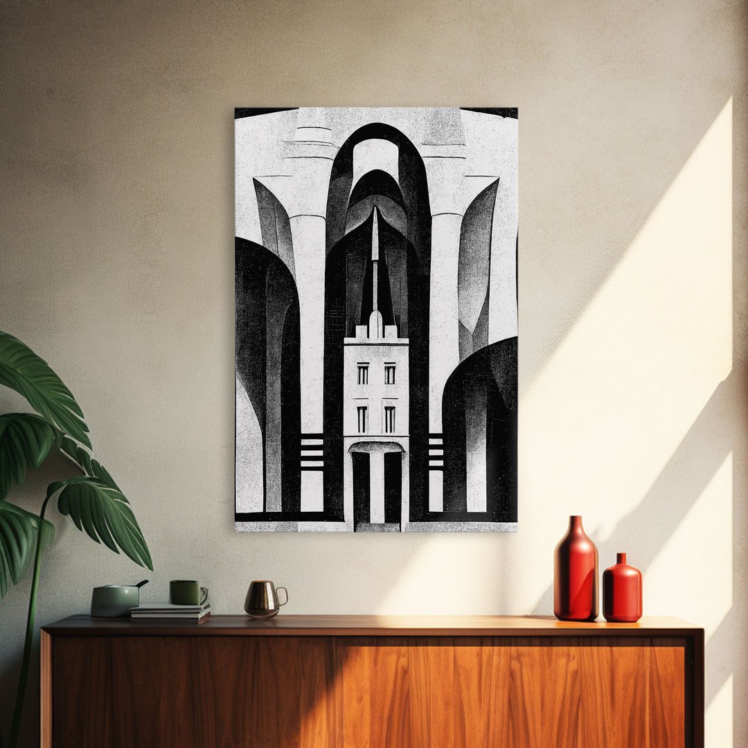 Art Deco Black And White Art Print, Art Deco Architecture, Framed Canvas Print, Ready To Hang Framed Wall Art, Living Room Wall Hanging