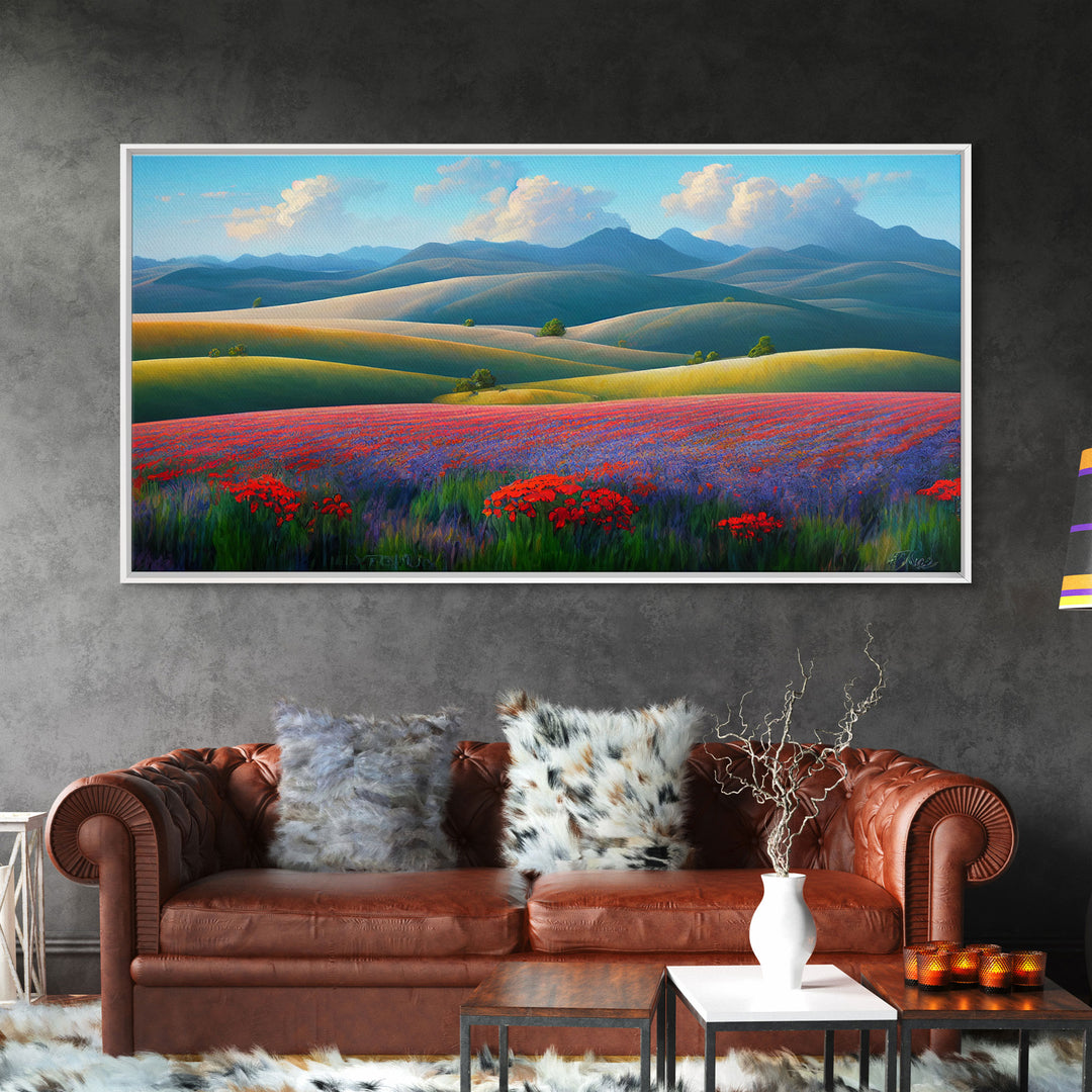 Beautiful Colorful Painting of a field of flowers, Wall Decor, Ready To Hang Framed Canvas Print, Oversize Wall Art