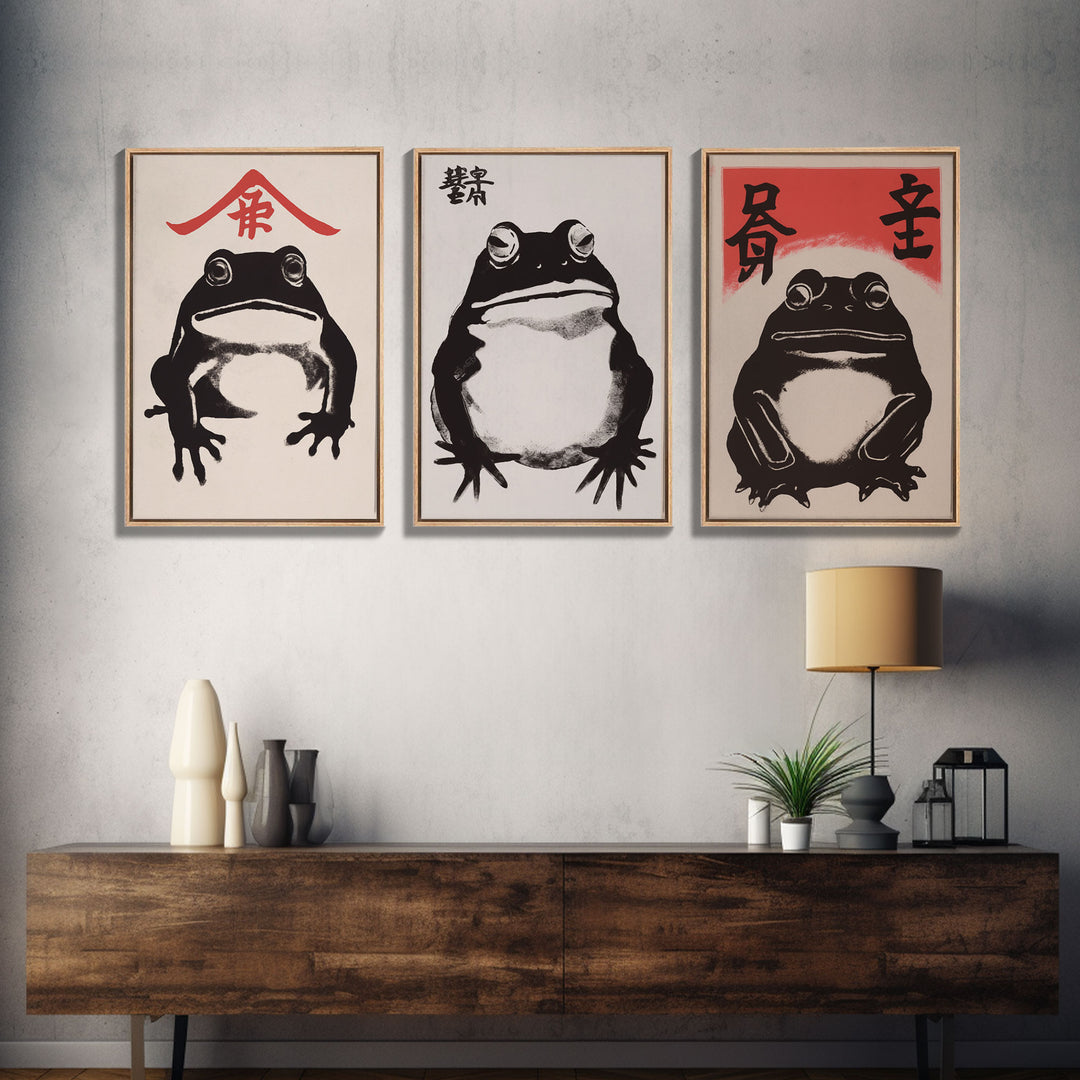 Japanese Set of 3 Frog Prints, Japanese Prints, Vintage Art, Japanese Frog, Matsumoto Hoji Inspired Wall Decor, Modern Art, Wabi Sabi