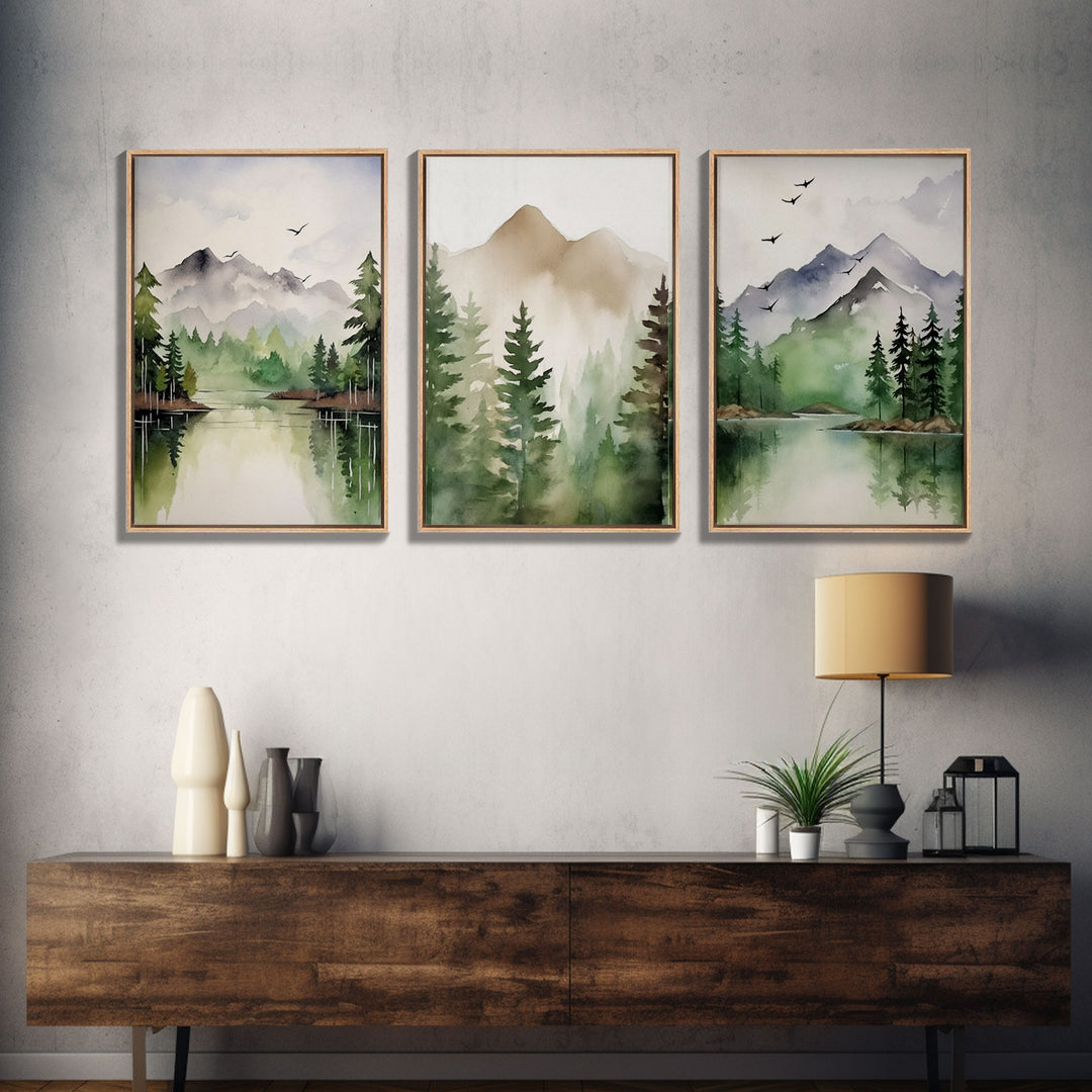Green Forest Watercolor Framed Canvas Wall Art Set, Green Forest Lake Vintage Landscape Prints Rustic Farmhouse 3 Piece Wall Decor