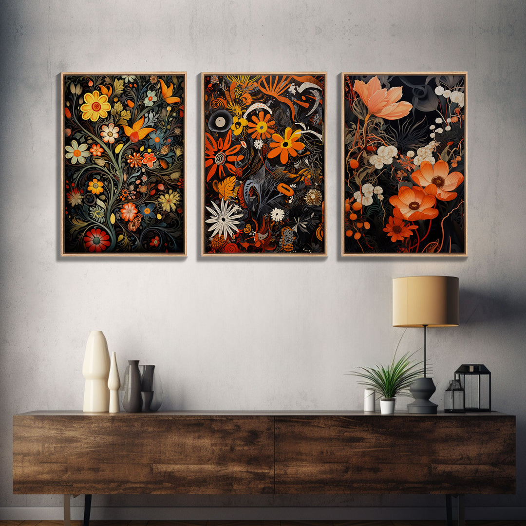 Boho Style Wall Art, Framed Canvas Print 3 Piece Set, Boho Chic, Gifts For Girlfriend, Boho Home Decor, Botanical Floral Art, Botanical Art