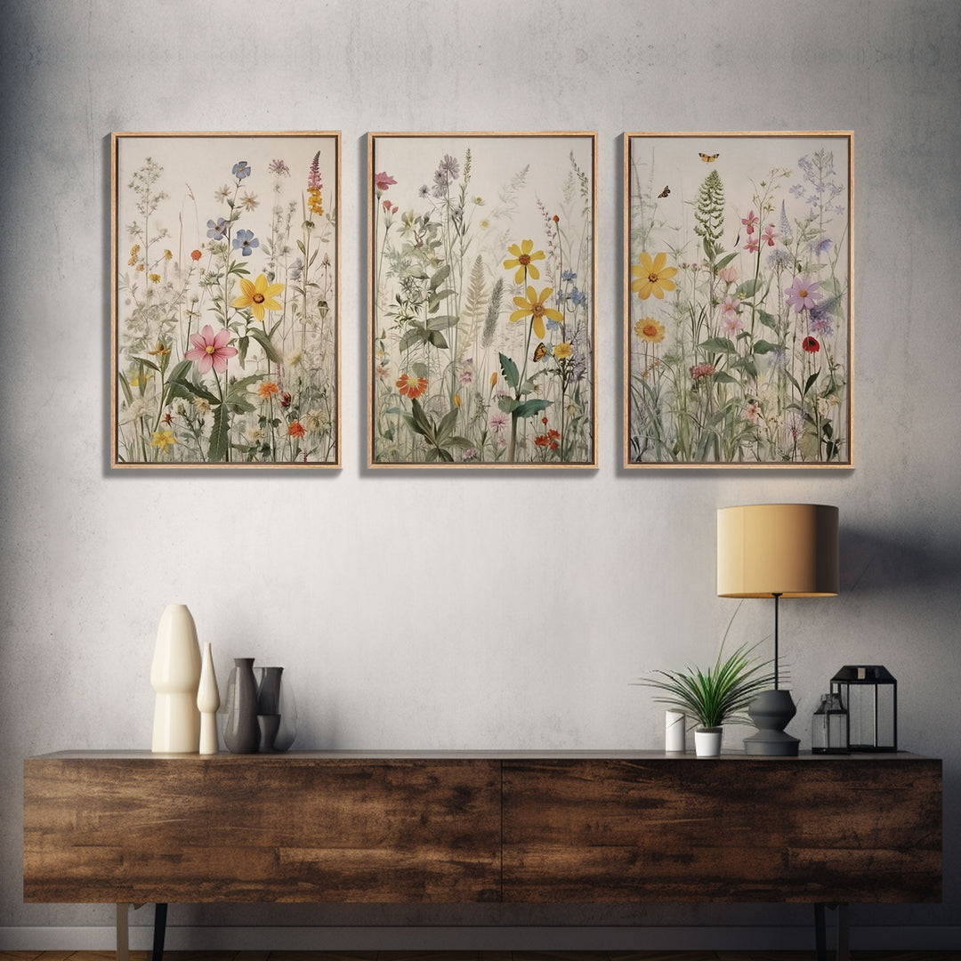 Watercolor Wild Flowers 3 Piece Framed Canvas Wall Art Set Floral Botanical Prints Minimalist Modern Art Boho Wall Decor Nursery Art