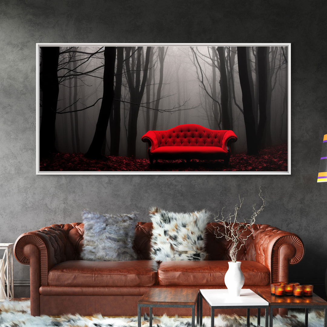Red Sofa In A Forest Framed Canvas Print, Thought Provoking Art, Framed Art, Creepy Photography, Halloween Art