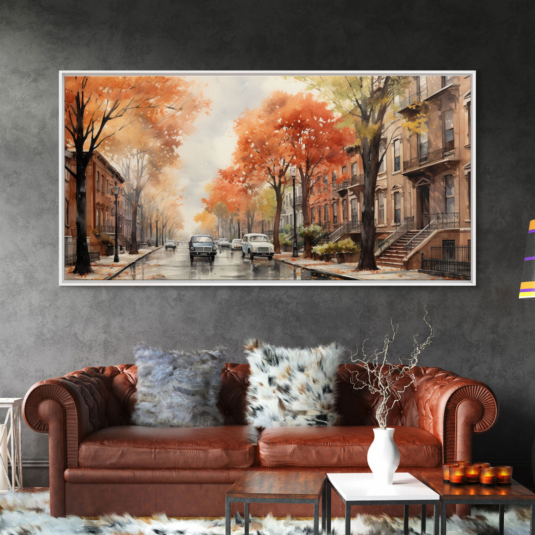 New York City In The Fall, Framed Canvas Print, NYC Decor, Fall Centerpiece, Watercolor Painting, City Painting, Fall Wall Decor