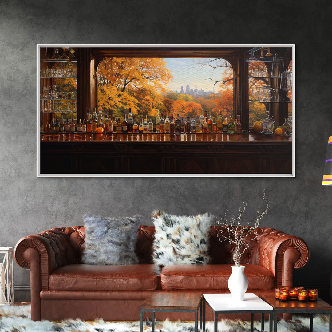 Fall Bar Decor Framed Canvas Print, Oil Painting Of A Vintage Tavern In The Fall, Fall Centerpiece, Fall Decor, Fall Leaves, Bar Cart Art
