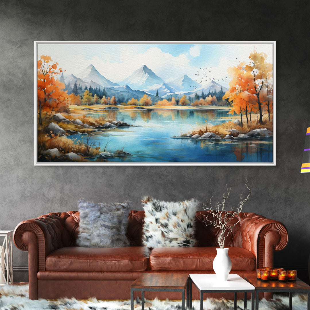 Panoramic Gold Brown Mountain Valley Watercolor Art Print On Canvas, Misty Rolling Hills Landscape Painting, Extra Large Wall Art