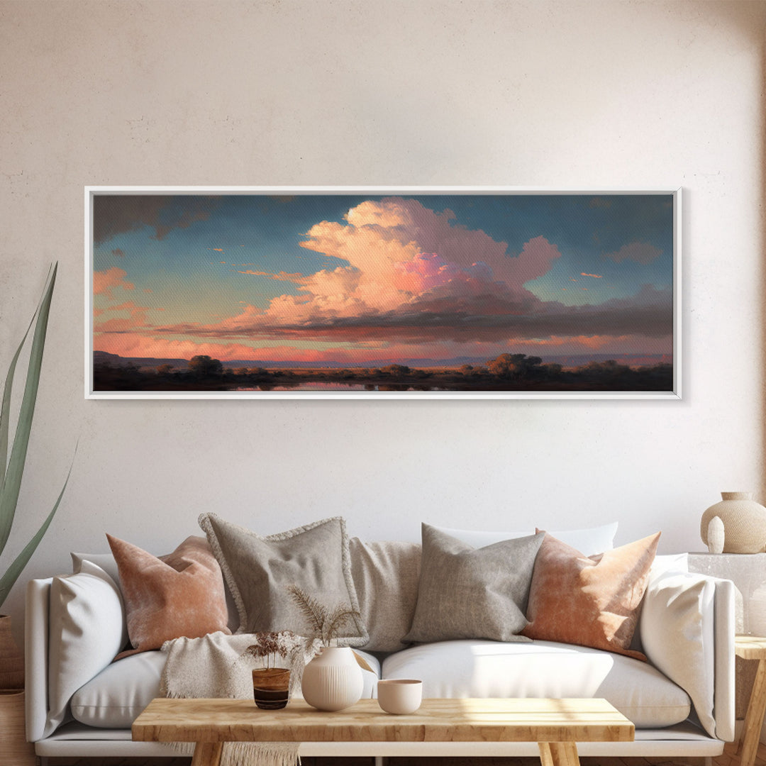 Panoramic Framed Canvas Texas Prairie Sunset Wall Art, Living Room, Bedroom Decor, Sunset Art, Watercolor Painting, Original Artwork