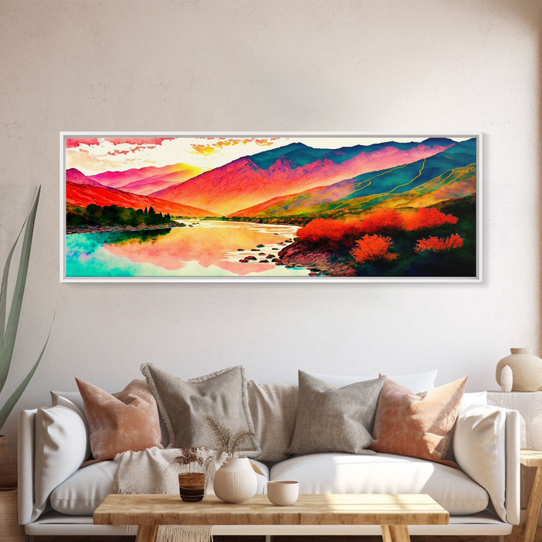 Colorful Abstract Watercolor Landscape, Framed Panoramic Canvas Print, Wide Art, Rainbow landscape painting, surrealist art