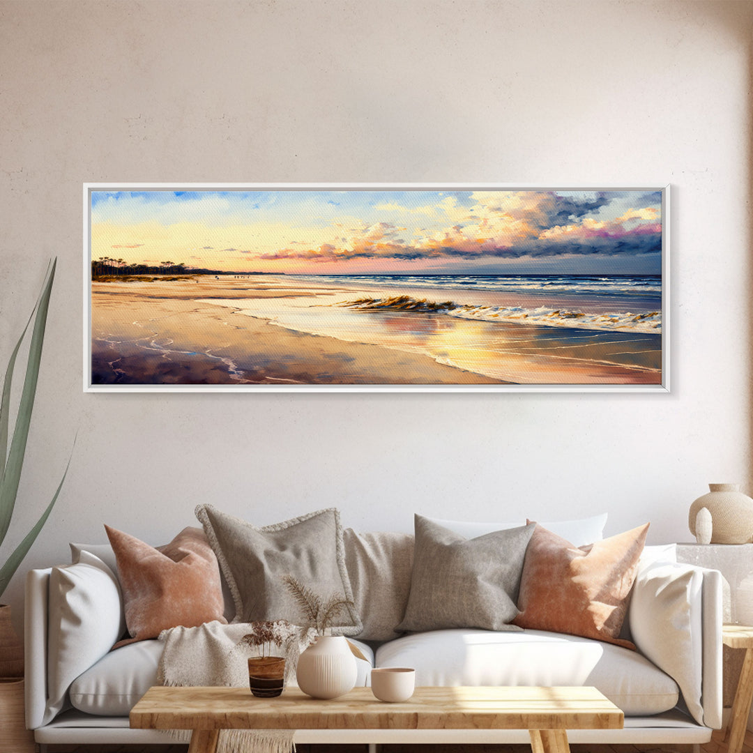 Panoramic Beach Sunset Canvas Print, Watercolor Landscape Framed Art, Whimsical Home Decor, Nature Wall Art, Wide Wall Art