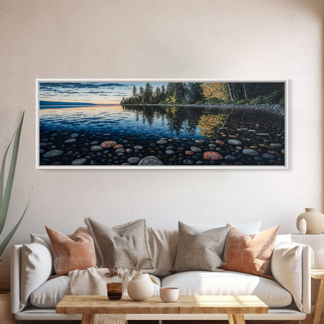 Pacific Northwest Stream or River Watercolor Panoramic Canvas Print | Framed | Colorful Pebbles | Vibrant Colors | Home & Office Décor