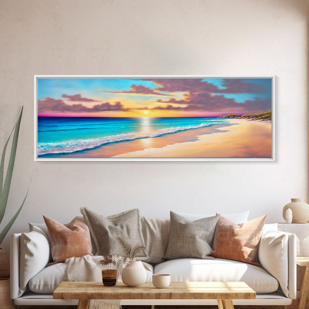 Panoramic Beach Sunset Framed Canvas Print, Watercolor Landscape Painting, Home & Office Decor
