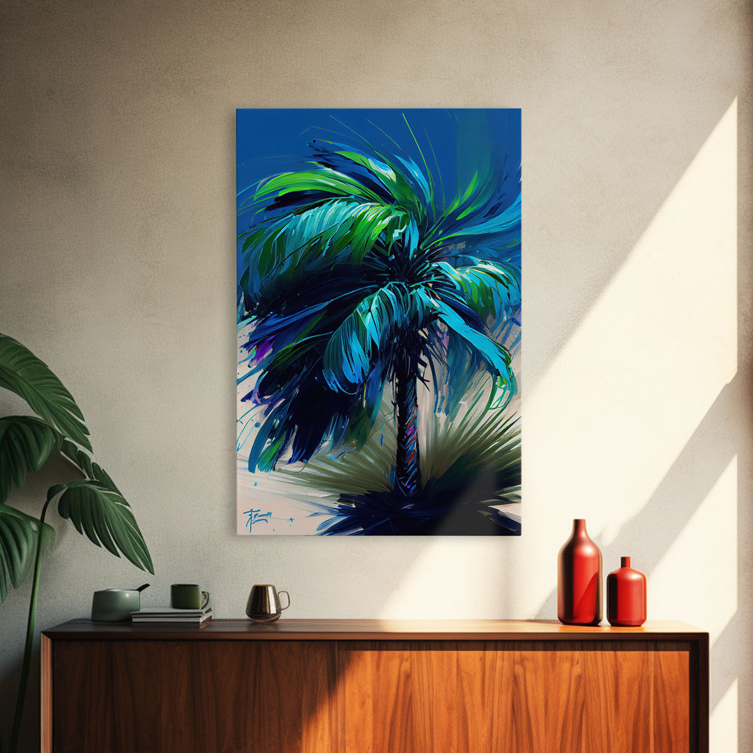 Vibrant Blue and Green Palm Tree Watercolor Canvas Print - Tropical Wall Art Home Decor Artwork