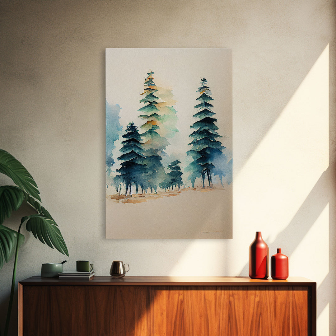 Mysterious Pine Tree Forest Watercolor Canvas Print - Nature Wall Art Home Decor Artwork, Framed Canvas Print