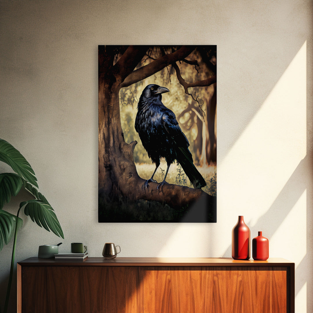 Portrait of a raven, cool crow art, framed canvas print