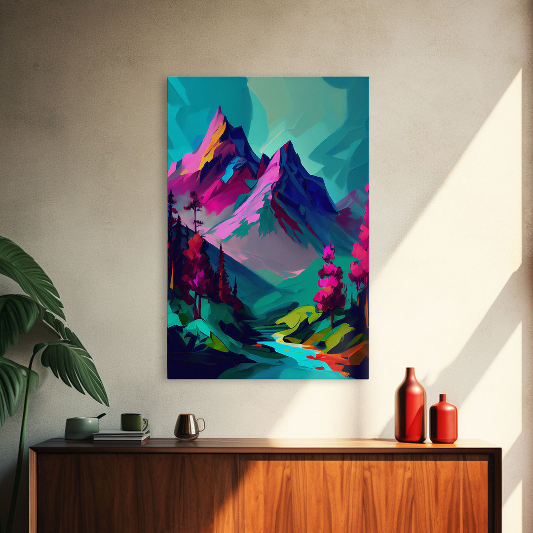 Vibrant Vaporwave Mountain Watercolor Wall Art Canvas Print - Colorful Nature Scene Artwork