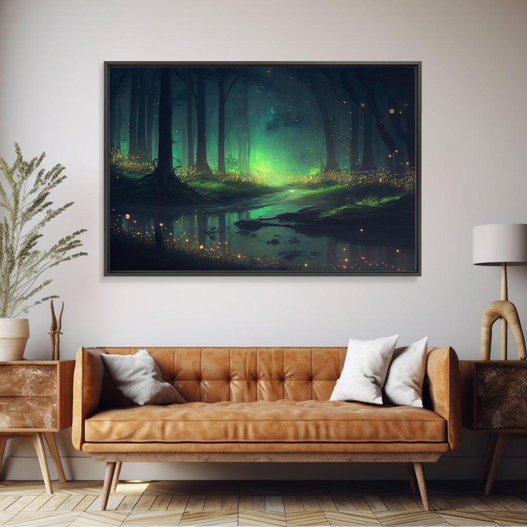 Fireflies In Forest Swamp Night Green Wall Poster, Wall Decor, Wall Art Print, Fine Art Print