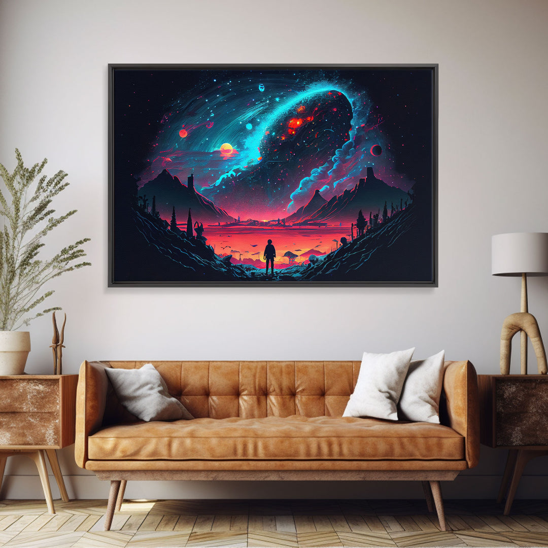 Strange new worlds among the stars, scifi retrowave art, framed canvas print, unique wall art