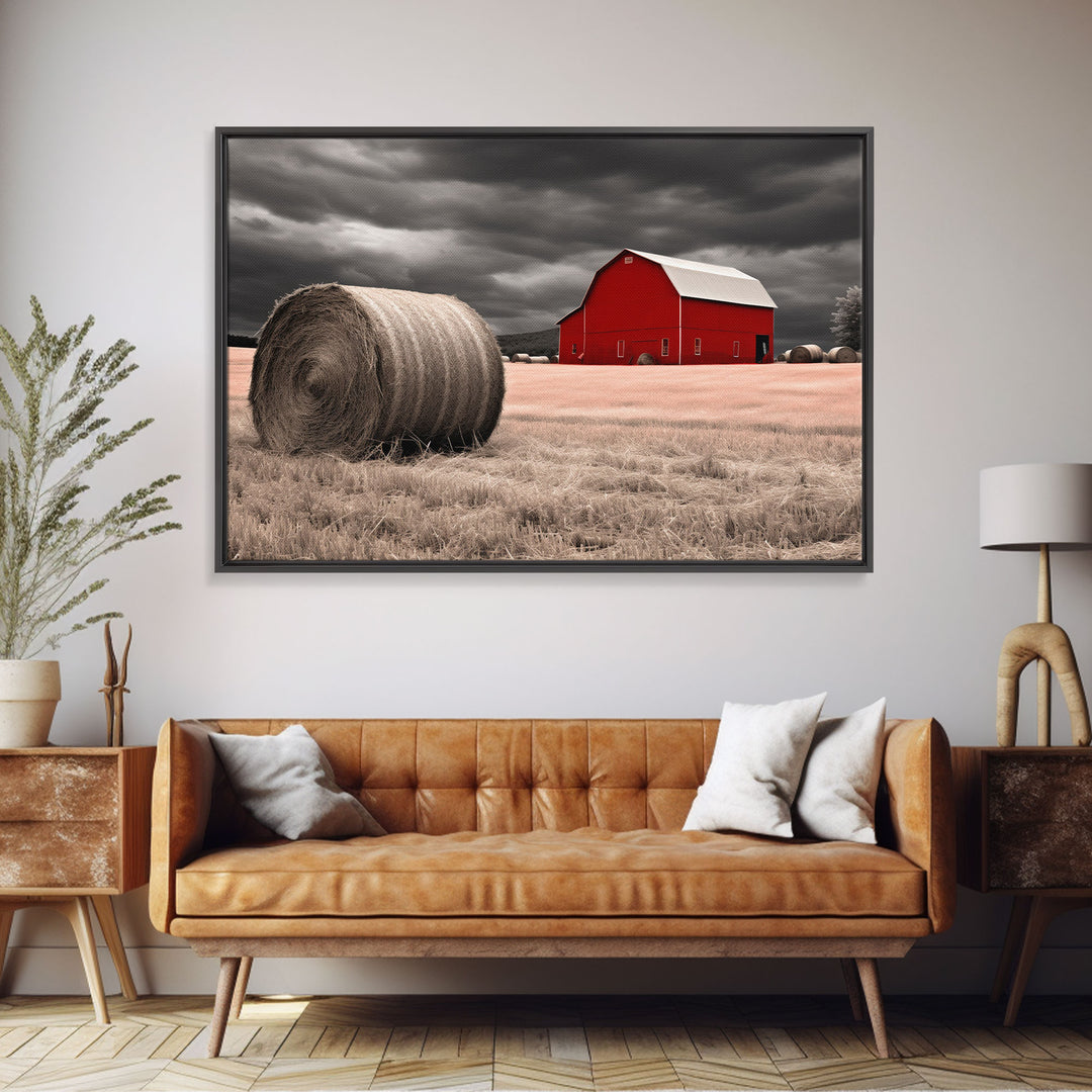 Liminal Spaces, Red Barn Under A Storm Canvas Print, Rustic / Minimalist Cottagecore Wall Art, Framed Canvas Print, Hay Bale Art