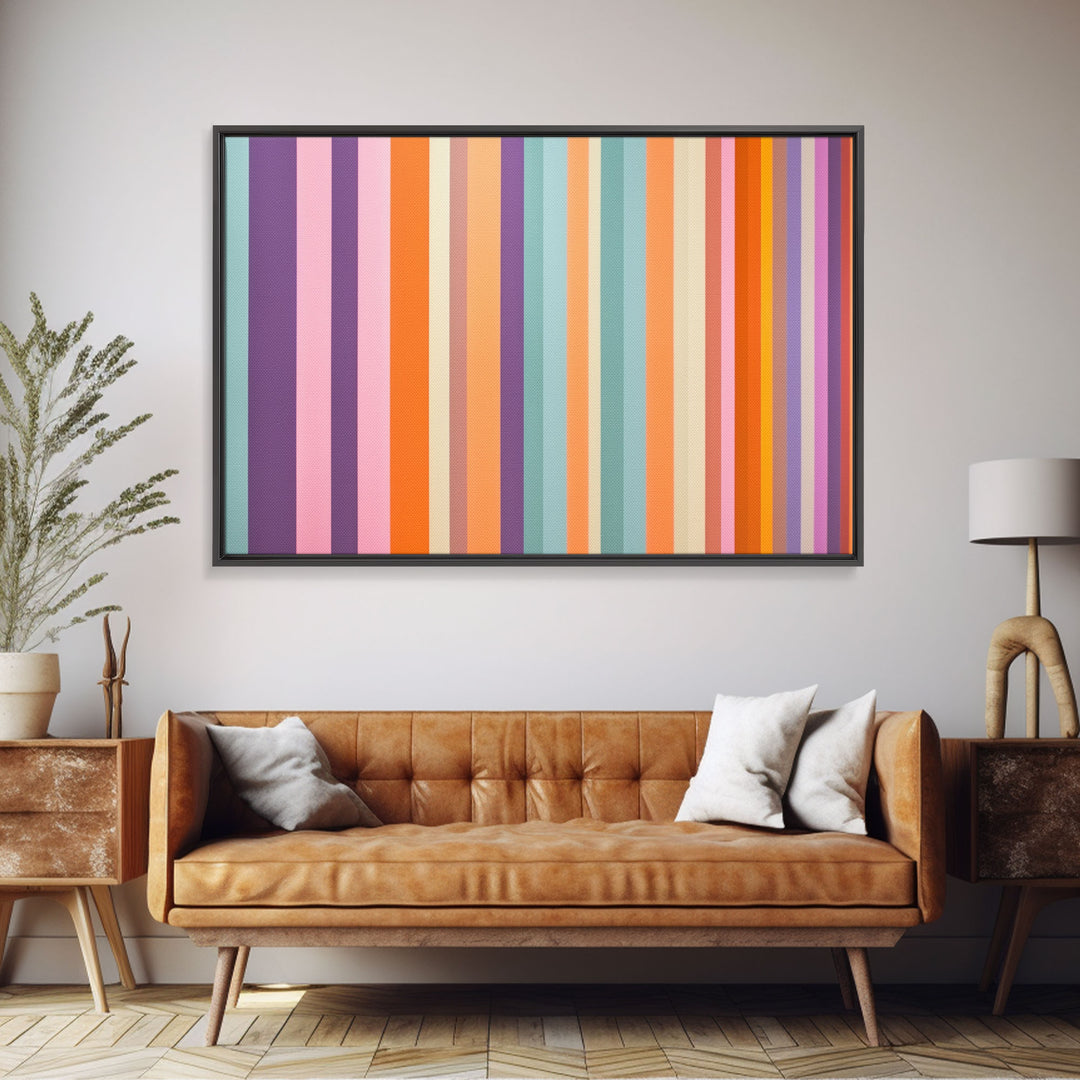 Line Art - Bright Colors - Vertical Stripes - Mid Century Modern Artwork - Large Framed Panoramic Canvas- Abstract Geometric Wall Decor