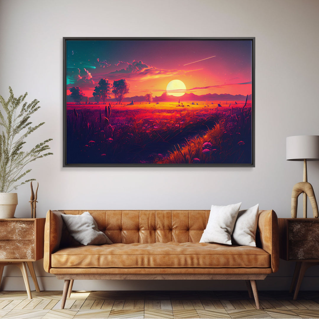 Watercolor of a beautiful sunset over a vibrant field of flowers, framed canvas print, framed art
