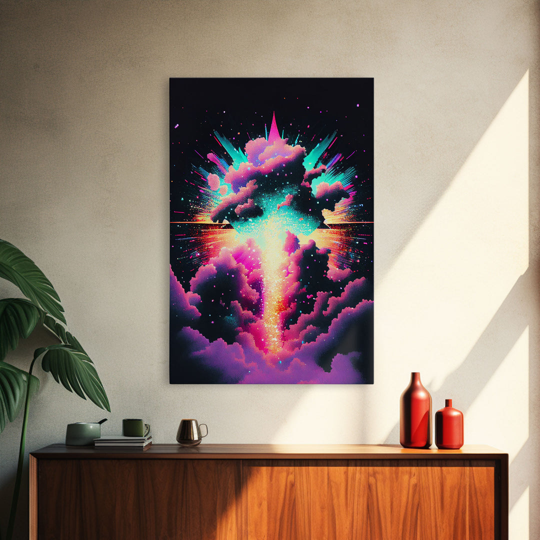 Color Pop Explosion, Vintage style art, framed canvas print, vaporwave aesthetic cloud art