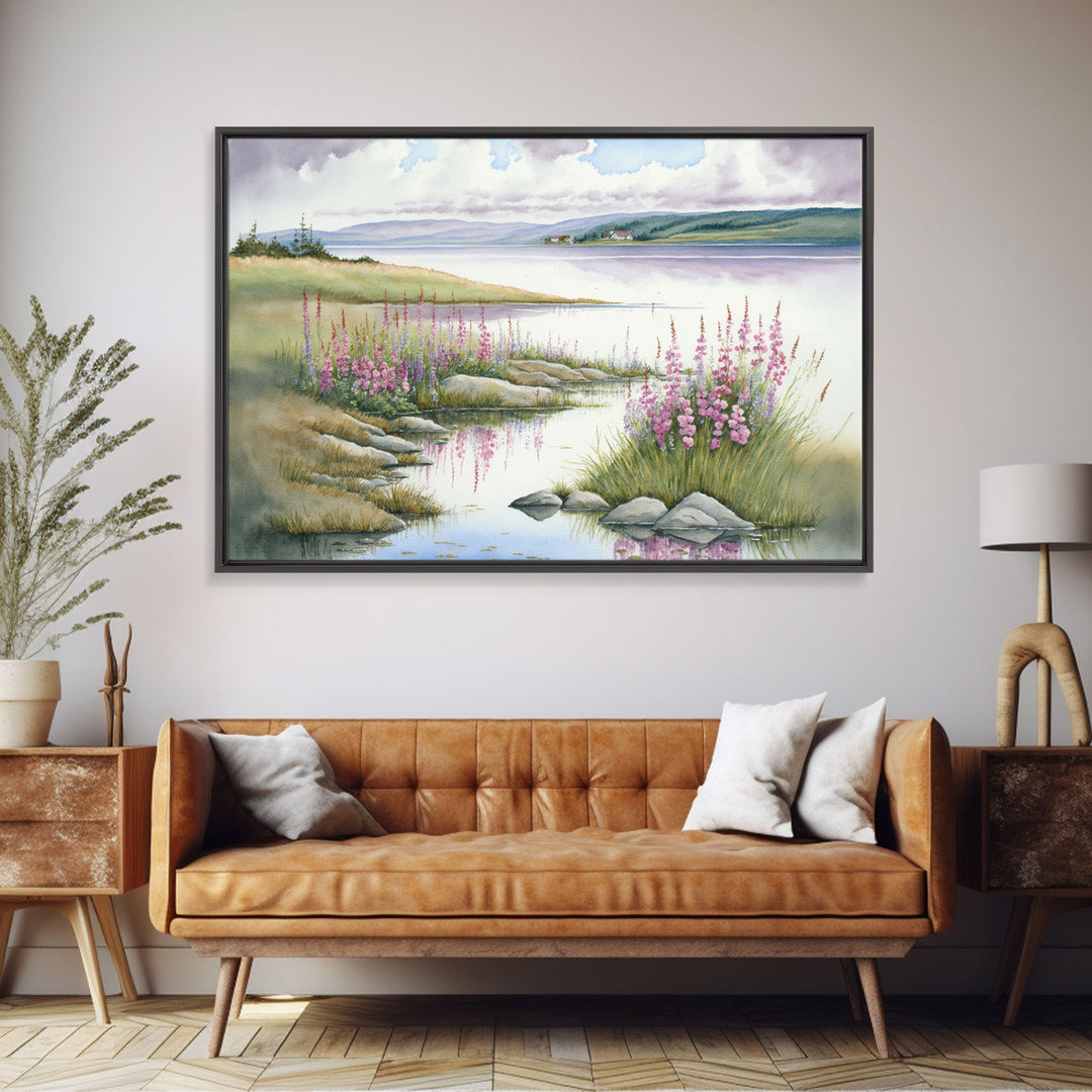 Pink flower landscape art, beautiful nature watercolor painting canvas print, Framed Canvas Print, Wall decoration, living room wall art