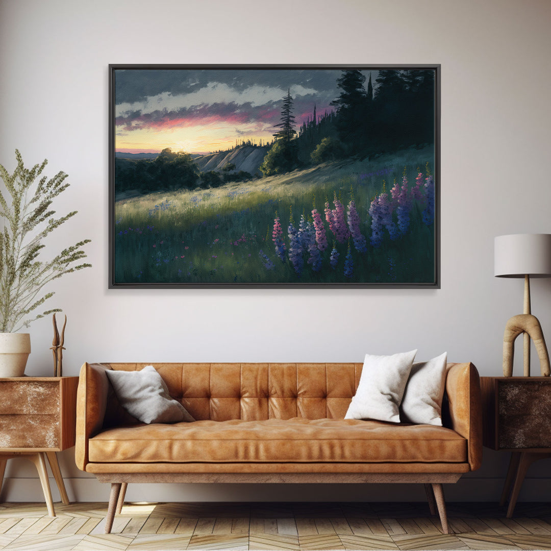 Watercolor of a beautiful landscape at sunset, rustic farmhouse decor, primitive art, cabin art, wall decoration