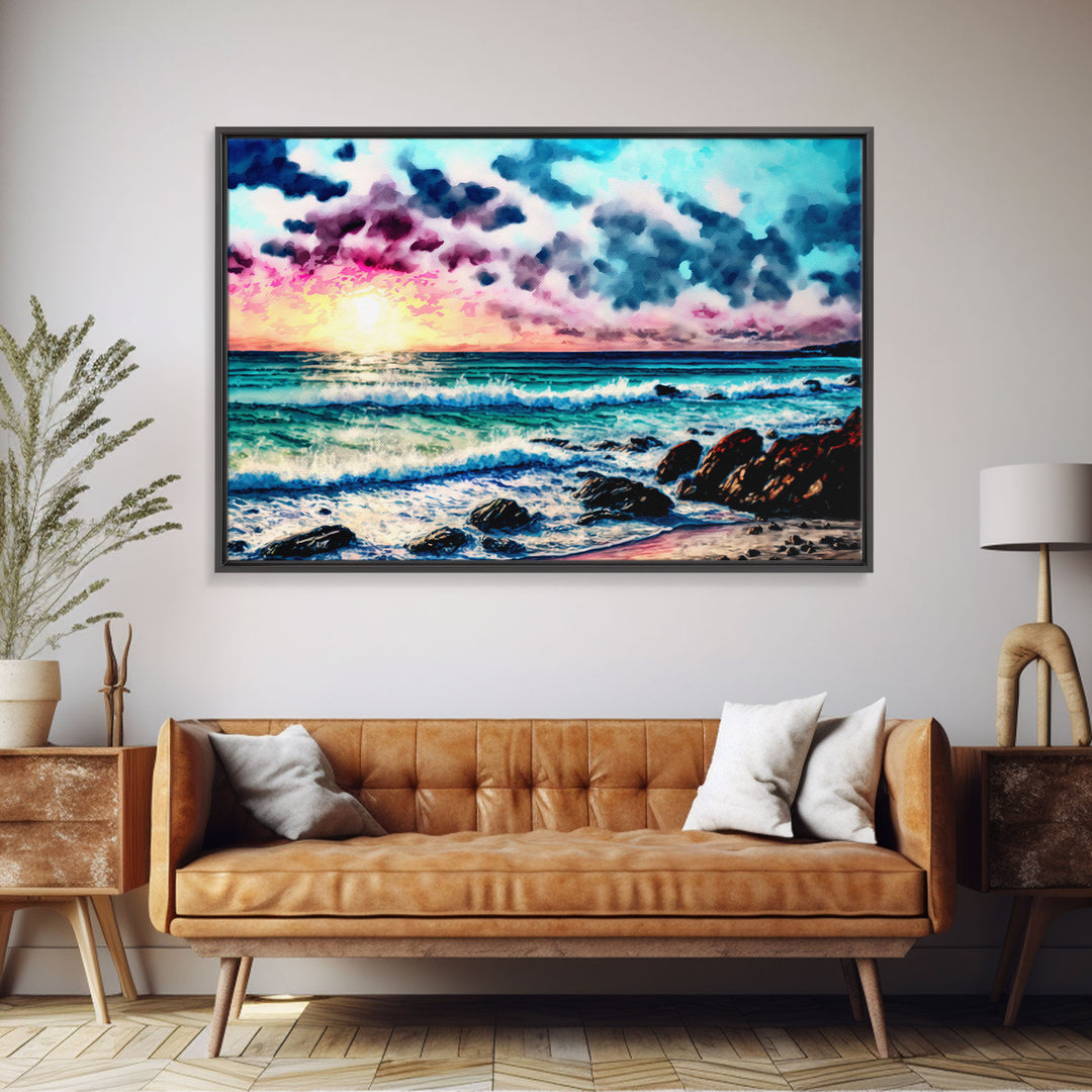 Modern Beach house Art | Framed Canvas Print | Whimsical Minimalist Decor | Cottagecore | Watercolor Painting Print | Boho Style Art