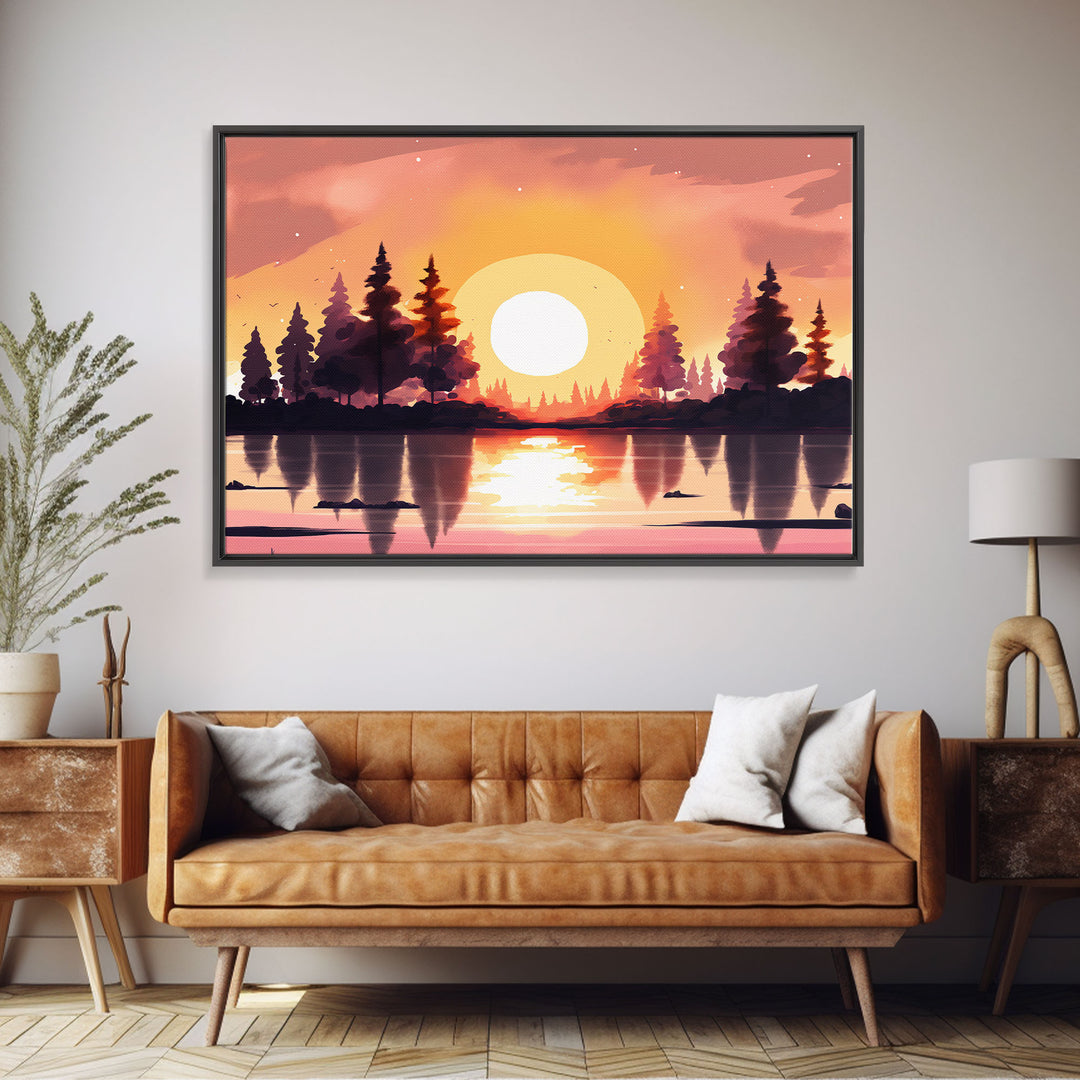 Sunrise Over The Lake and Forest, Lakehouse landscape art, orange and red tones, framed canvas print, watercolor art