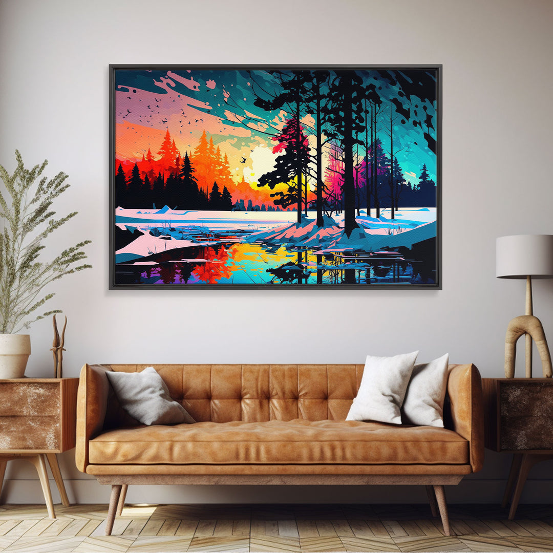 Pop Art Style Water Color of a Winter Forest | Minimalist Contemporary Art | Framed Canvas Print | WPAP Style Landcape Art