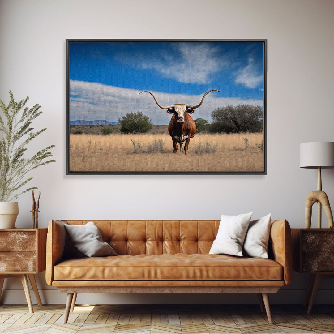 Longhorn cow canvas print, Texas longhorn art, Longhorn canvas print, Farmhouse decor, Rustic wall art, Longhorn wall decor
