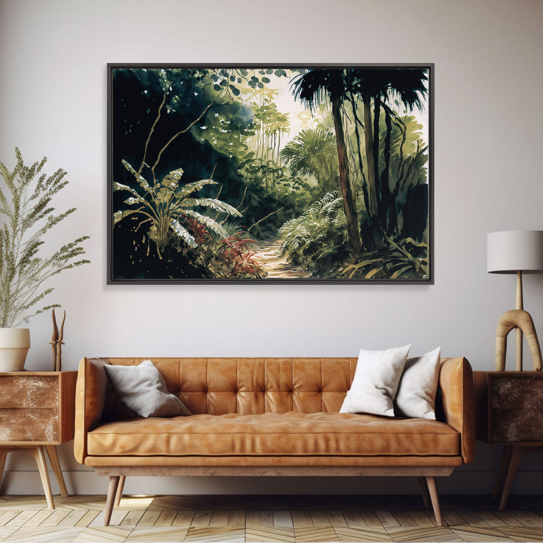 Watercolor of a Jungle Landscape, Framed Canvas Print, Framed Wall Art