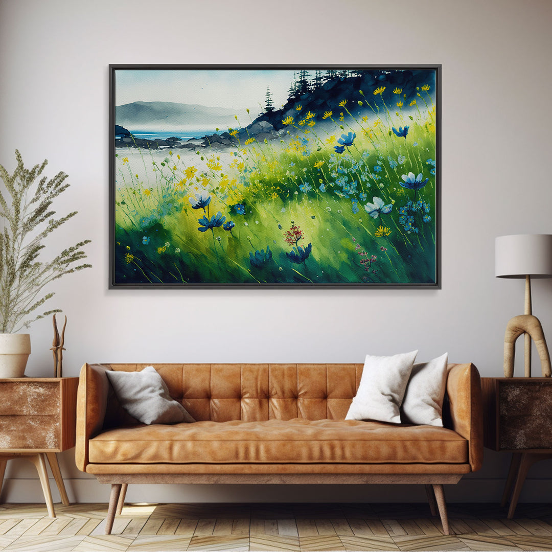 Beautiful Watercolor of a field of blue flowers, framed canvas print, whimsical wall decor, colorful wall art
