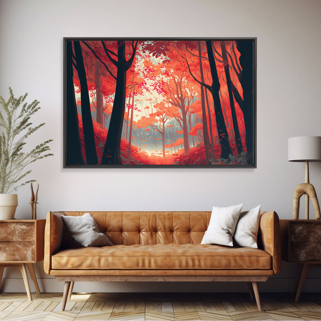 Red Forest, Forest Images, framed canvas print, forest ecosystem wall art, autumn forest wall art