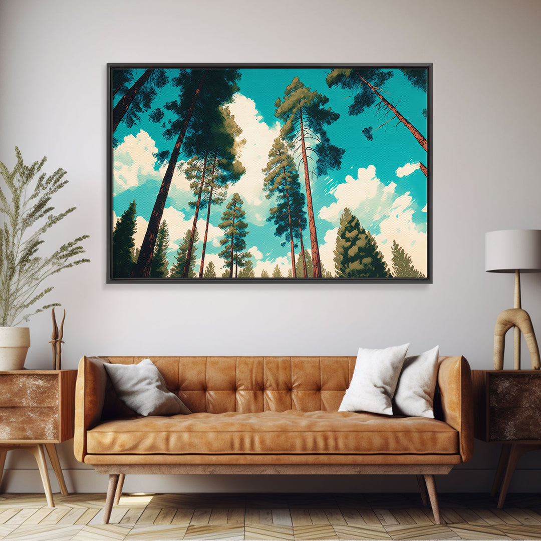 Pine Tree Forest and Blue Skies, Framed Canvas Print, Beautiful Wall Art, Living Room Wall Decor, Pine Cone Tree