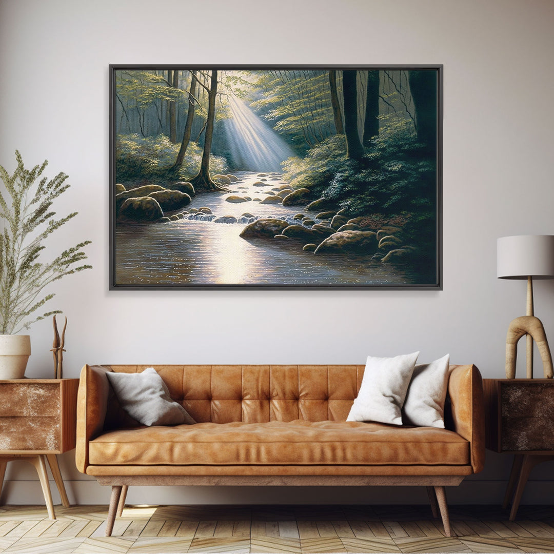 Colorful Watercolor Art, Framed Canvas Print, unique wall art, framed wall art, Landscape watercolor, Beams of Sunlight piercing the canopy