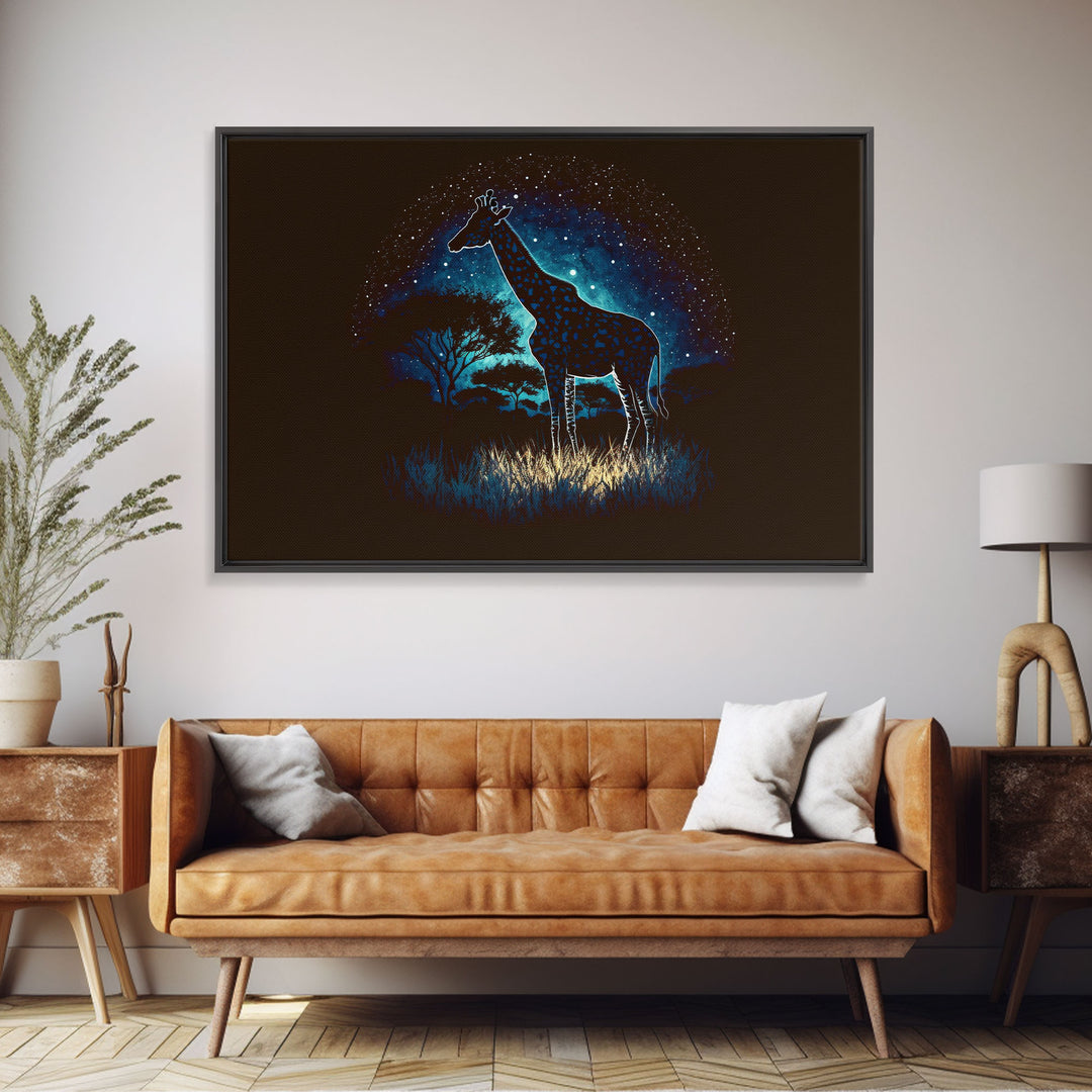 Starry Night over Africa, Giraffe Print, Framed Canvas Art, Galaxy Night Sky, Mancave decor