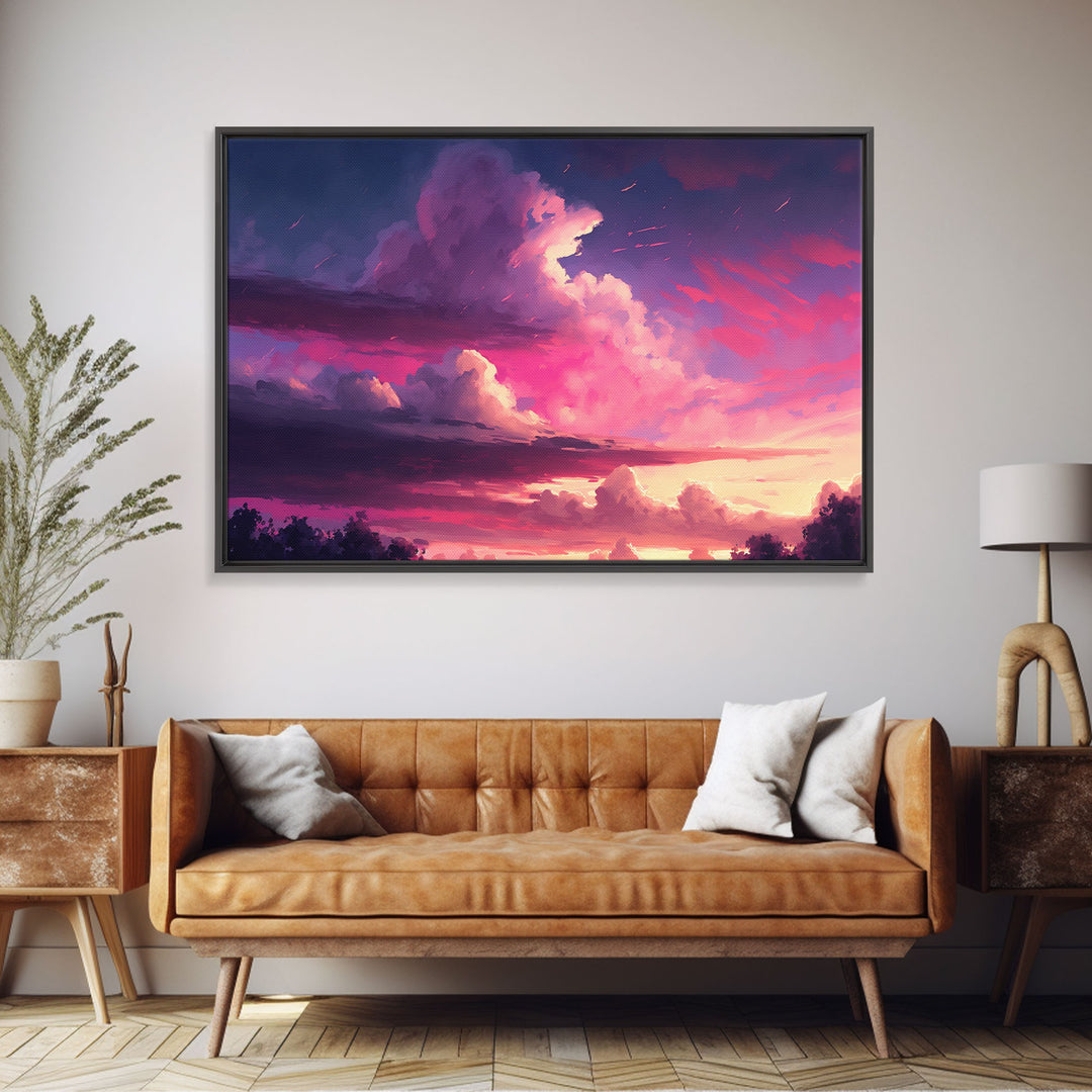 Contemporary Sunset Cloudy Sky, Framed canvas print, colorful landscape art, living room decor