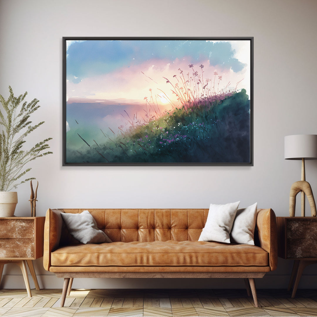 Serene Sunset, Watercolor Landscape Art, Framed Canvas Print, colorful wall art, above couch living room art