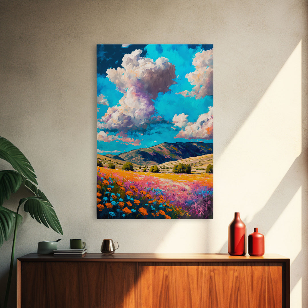 Watercolor Cloudy Day, Fields of Flowers, Framed Canvas Print, Colorful Wall Art, Minimalist Boho Style Wall Art