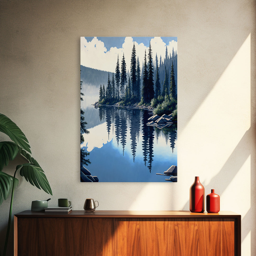 Washington State Pine Tree Forest and Lake Reflection, Framed Canvas print, watercolor painting print, unique living room wall art