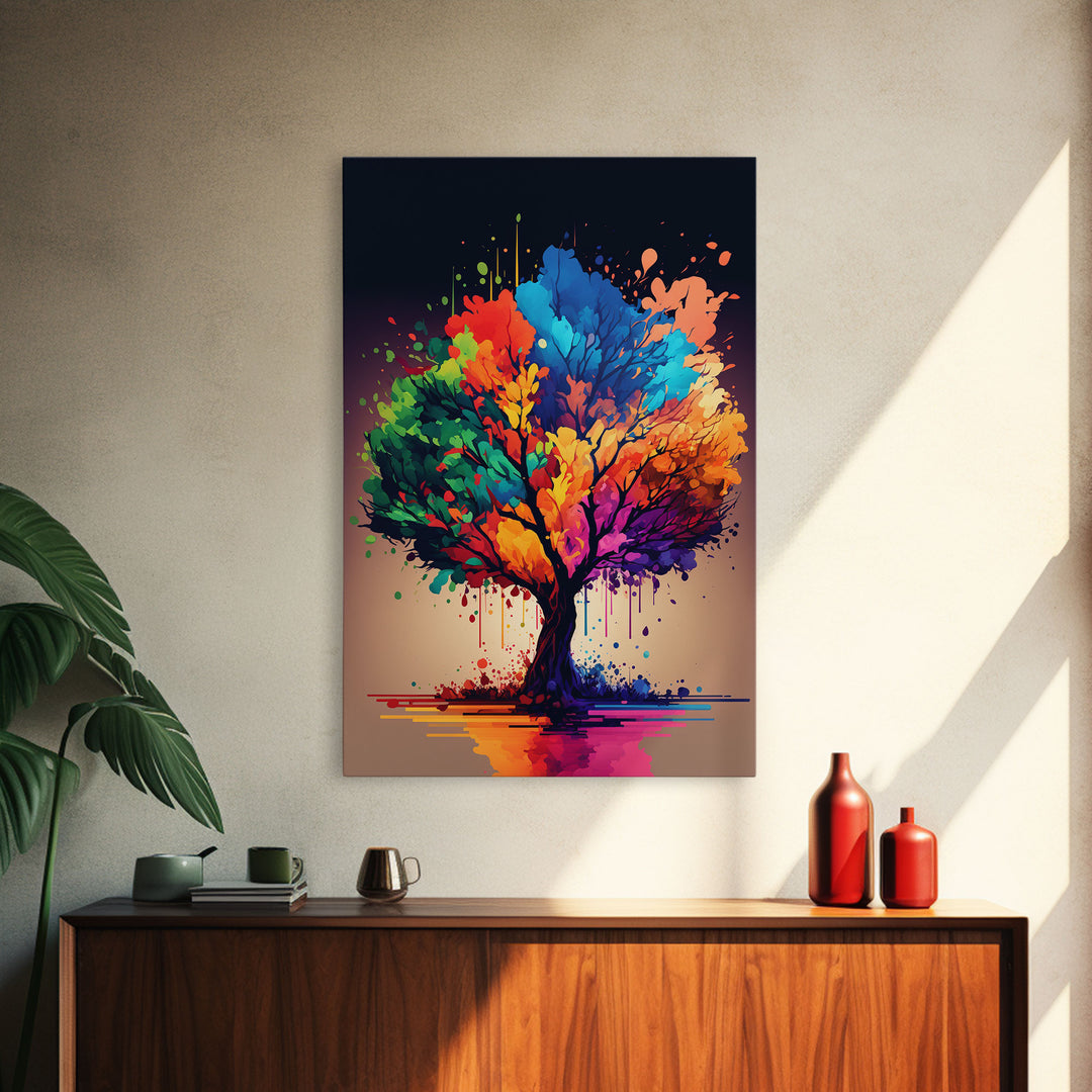 Abstract Tree Watercolor Canvas Print, Splatter Art, Blooming Colorful Tree On Canvas, Original Plant Floral Artwork, Landscape Bohemian Art