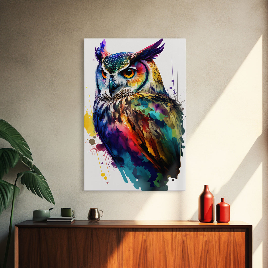 Watercolor Owl Painting Canvas Print, Framed Canvas Art, Pop Art Style, Owl Decor, Owl Print, Owl Art