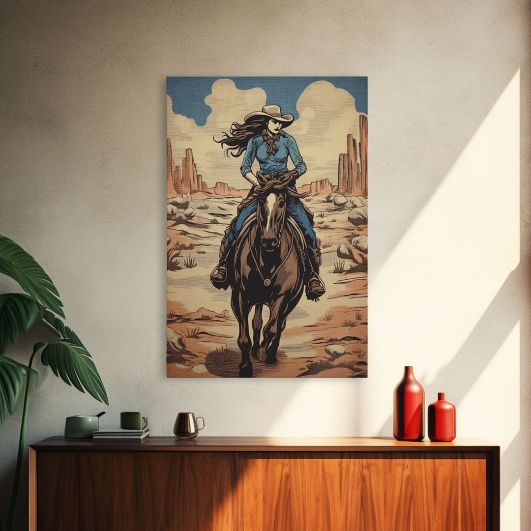 Western Cowgirl Painting Print, Vintage Wall Art, Mid Century Decor, Antique Oil Painting, Moody Print, Western Poster Art