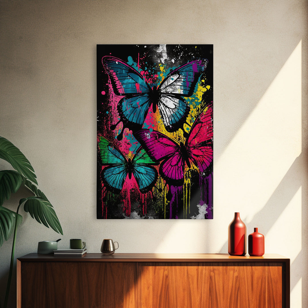 Graffiti Butterfly Art, Framed Canvas Print, Large Wall Art, Contemporary Punk Art, Butterflies, Pop Art, Paint Splatter Art